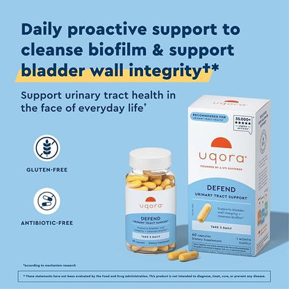 Uqora Defend - Urinary Tract Health Supplement - Support Bladder Health & Cleanse Biofilm* with D-Mannose, Green Tea Extract, Turmeric Extract & More - Gluten-Free - 60 Capsules (30-Day Supply)