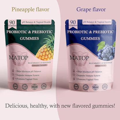MATOP Probiotic Prebiotic pH Balance Gummies - Vaginal Health Gummies for Women Pro + Prebiotic with Pineapple Flavor, Vegan, Sugar-Free – 90 Gummies (45 Servings)