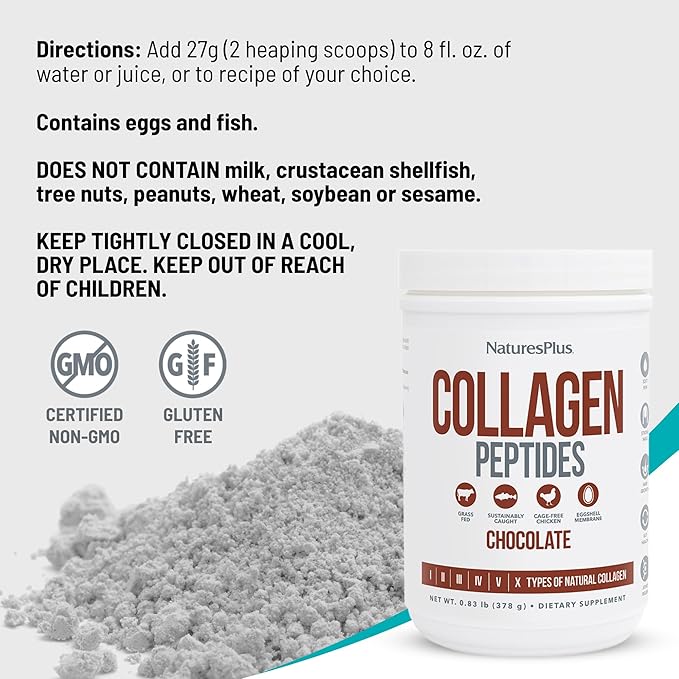 NaturesPlus Collagen Peptides, Chocolate - 0.83 lb Powder - Hair, Skin, Nail & Joint Health, Immune System Support - Non-GMO, Gluten Free - 14 Servings