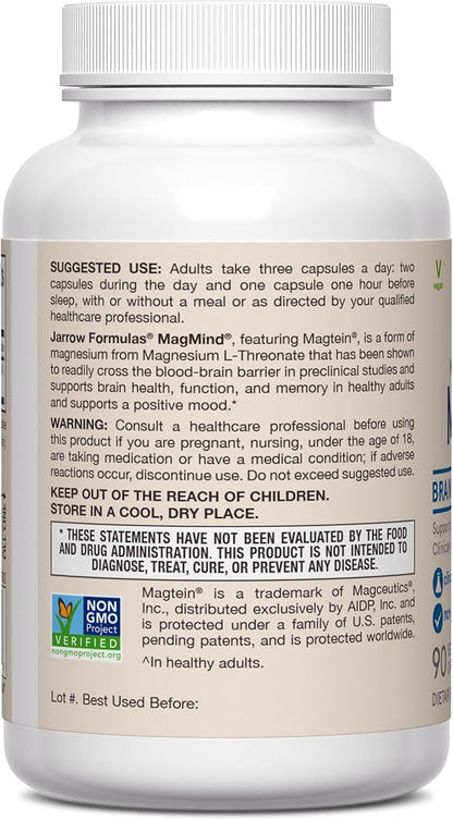 Jarrow Formulas Magnesium L-Threonate, MagMind Magtein Magnesium Supplement, Brain Supplements for Memory Support, 90 Veggie Capsules, Up to a 30 Day Supply
