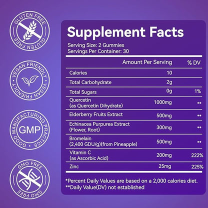 2 Pack Quercetin Gummies, 1000mg Quercetin with Bromelain Zinc Elderberry, Immune & Antioxidant Support, Vegan Gummies for Adults & Kids, 120 Count