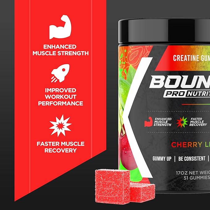 Bounce Pro Creatine Monohydrate Gummies for Men & Women, Low Calorie, 6G of Creatine per Serving, Vegan, Anti-Melting, Gluten-Free, Non-GMO, 2g of Creatine per Gummy (51ct, Cherry Lime)