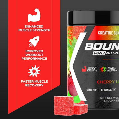 Bounce Pro Creatine Monohydrate Gummies for Men & Women, Low Calorie, 6G of Creatine per Serving, Vegan, Anti-Melting, Gluten-Free, Non-GMO, 2g of Creatine per Gummy (51ct, Cherry Lime)