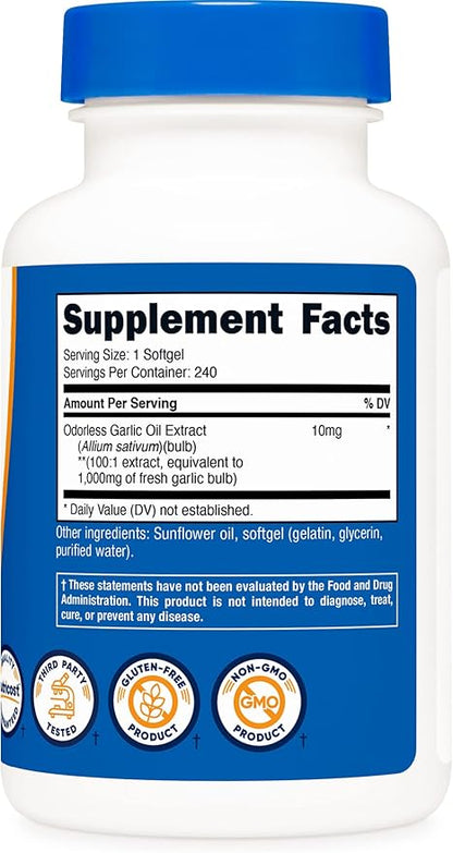 Nutricost Garlic 1000mg, 240 Softgels (3 Bottles) - Odorless, Premium Gluten Free Supplement