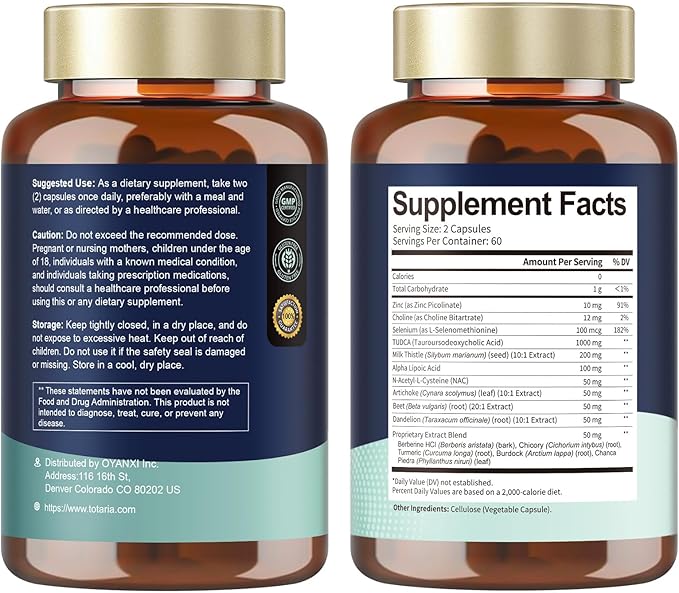 Totaria TUDCA 1000mg Liver Support Supplement with Milk Thistle, NAC, ALA, 80% Silymarin, 15-in-1 Extra Strength Bile Salts, for Liver Cleanse Detox & Repair, Gallbladder, Non-GMO, 120 Capsules