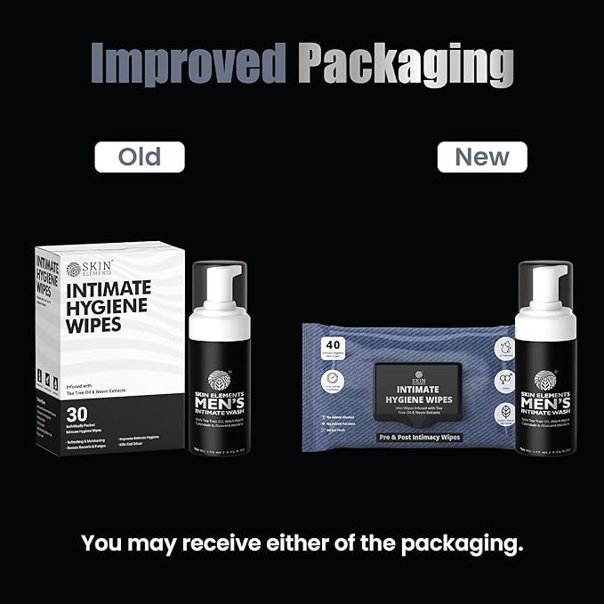 Skin Elements Intimate Hygiene Combo| Intimate Wash Men 120 ml+Intimate Wipes 30 Individual Sachets With Tea Tree & Neem Extracts - pH Balanced Foaming Wash Prevents Irritation & Bad Odor