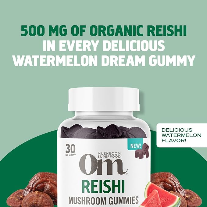 OM MUSHROOM SUPERFOOD Reishi Gummies – USA Grown Organic Mushrooms – Supports Immune Health, Balance & Stress Relief – Watermelon Dream Flavour – 30 Servings, 60 Count.