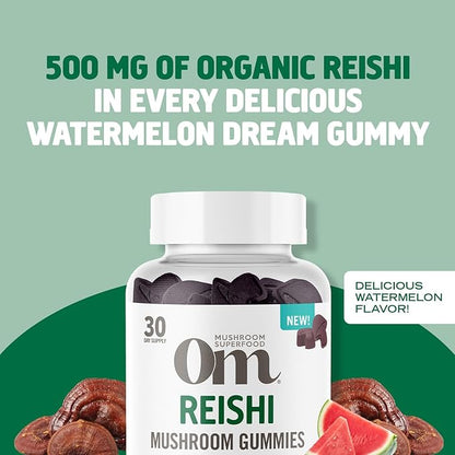 OM MUSHROOM SUPERFOOD Reishi Gummies – USA Grown Organic Mushrooms – Supports Immune Health, Balance & Stress Relief – Watermelon Dream Flavour – 30 Servings, 60 Count.