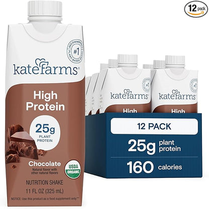 KATE FARMS Organic High Protein Chocolate Nutrition Shake, 25g Protein, 6g Fiber, 27 Vitamins and Minerals, 0g Sugar, Protein Drink, 11 oz (12 Pack)