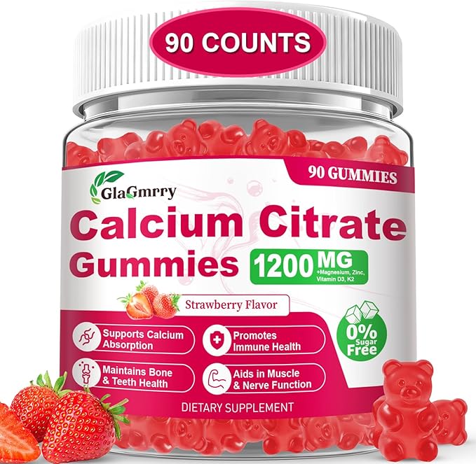 90 Count Calcium Citrate Gummies - Calcium Gummies with Magnesium & 4 Essential Vitamins Support Bone, Muscle, Teeth, Immunity, Calcium Supplements for Women & Men, Strawberry Flavor
