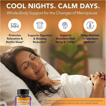 Complete Menopause Support Supplement for Women | Menopause Synbiotic with Black Cohosh, Dong Quai, Rhubarb Root | Helps Easing Hot Flashes, Night Sweats, Restful Sleep | 60 Capsules