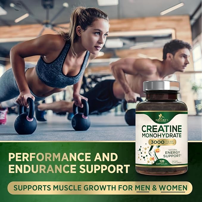 Creatine Monohydrate 3000mg Per Serving – Micronized Creatine Powder Capsules - Supports Lean Muscle, Strength, Energy, & Endurance - Nature's Supplement, Non-GMO, Bottled in USA - 120 Capsules