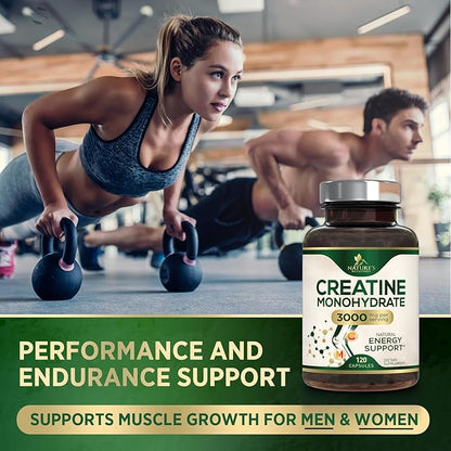 Creatine Monohydrate 3000mg Per Serving – Micronized Creatine Powder Capsules - Supports Lean Muscle, Strength, Energy, & Endurance - Nature's Supplement, Non-GMO, Bottled in USA - 120 Capsules