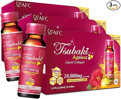 AFC Japan Tsubaki Ageless Liquid Collagen Drink for Women | 10,000mg Marine Collagen Peptides, 500mg Royal Jelly, Hyaluronic Acid | Supports Skin Hydration & Elasticity 1.69 fl.oz x 10 Bottles (3Pack)