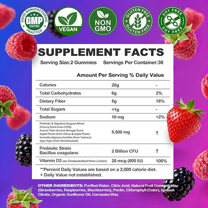 Prebiotic Fiber Gummies, 5g Fiber per Serving, 2 Billion CFU Bacillus Coagulans + Vitamin D3, Sugar Free Pectin Mixed Berry Gummies, Inulin (FOS) + Acacia + Apple Pectin, 60 Gummies (30 Servings)