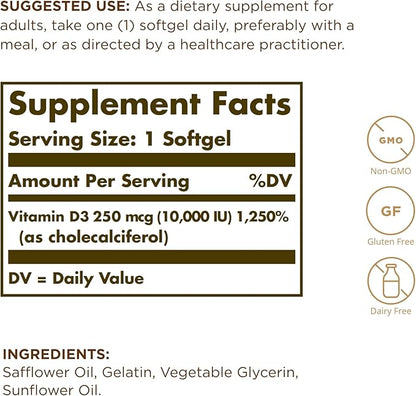Solgar - Vitamin D3 (Cholecalciferol) 10,000 IU Softgels, 120 Count (3 Pack) - Supports Bone, Muscle and Immune System