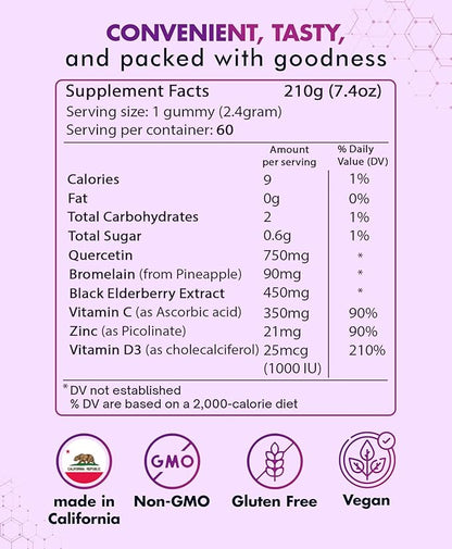 Quercetin Gummies by BioVitalica - Quercetin with Bromelain Vitamin C and Zinc & Elderberry + Vitamin D3-5 in 1 Immune Support - Zinc Quercetin 750 mg for Kids and Adults (1)