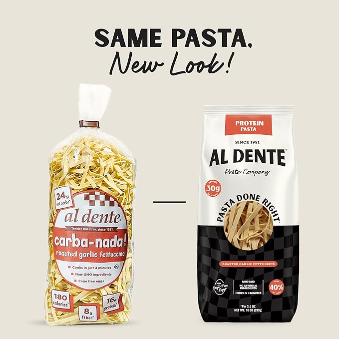 Al Dente Protein Pasta Egg & Roasted Garlic Fettuccine - 30g High Protein in 3.5oz Serving, Lower Carb. Cage-Free Eggs & Semolina. (Previously Carba-Nada, Packaging May Vary) - 10oz Bags (Pack of 6)