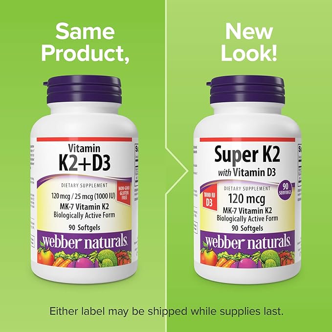 Webber Naturals Super Vitamin K2 MK-7 120 mcg with Vitamin D3, 90 Softgels, Supports Bones, Teeth, and Cardiovascular System