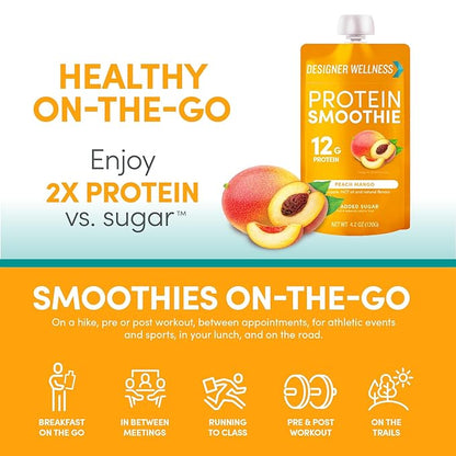 Designer Wellness Protein Smoothie, Real Fruit, 12g Protein, Low Carb, Zero Added Sugar, Gluten-Free, Non-GMO, No Artificial Colors or Flavors, Peach Mango, 12 Count