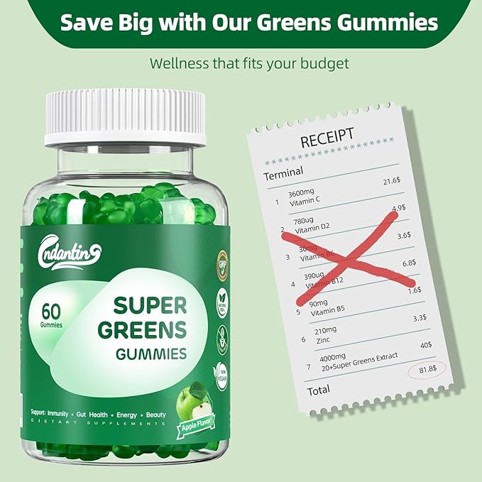 Multivitamin Super Greens Gummies - Daily Vegan Gummy Vitamins for Women, Apple Flavor | Organic Blend with Vitamin C, Turmeric, Zinc, Immune Support, Energy Booster, Metabolism | 60 Count