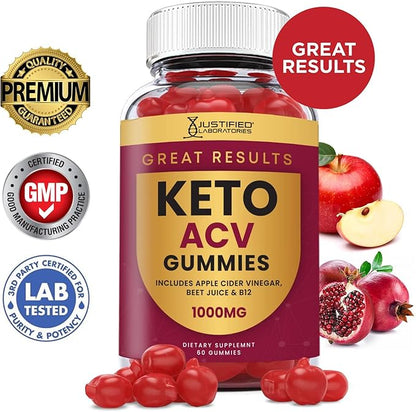 Justified Laboratories (2 Pack) Great Results Keto ACV Gummies 1000MG with Pomegranate Juice Beet Root B12 120 Gummys