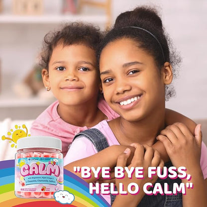 Kids Calm Magnesium Bisglycinate Saffron Gummies + Vegan Omega 3 - Magnesium Glycinate Chelated Supplement for Kids w/L-Theanine & Chamomile, Natural Calming Supplement Focus Gummies Sugar Free, 60ct