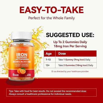 Iron Supplement Gummies with Lactoferrin, Vitamin C, B6, B12 & Zinc – Gentle, Vegan, Sugar-Free – Supports Healthy Blood, Immune Health & Energy – for Women, Men & Kids – Orange Flavor, 60 Count