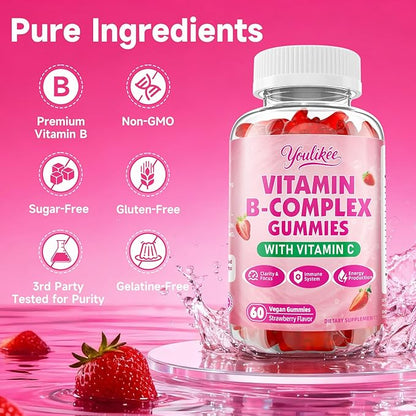 Vitamin B-Complex Gummies for Women & Men, Methyl B12, B1, B2, B3, B5, B6, B7 & B9 - Vitamin B Complex with Vitamin C Supports Energy & Immune Function, Strawberry Flavor, 60 Count