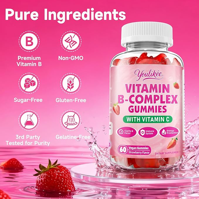 2 Pack Vitamin B-Complex Gummies for Women & Men, Methyl B12, B1, B2, B3, B5, B6, B7 & B9 - Vitamin B Complex with Vitamin C Supports Energy & Immune Function, Strawberry Flavor, 120 Count