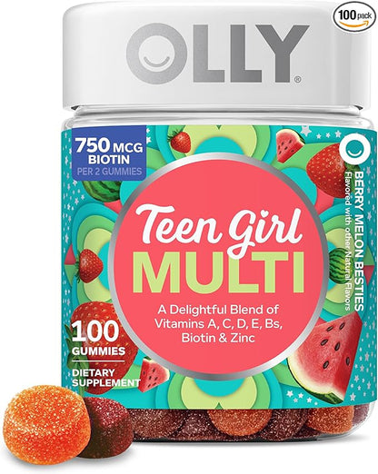 OLLY Teen Girl Multi Gummy, Healthy Skin and Immune Support*, Essential Vitamins, Biotin, Zinc, Chewable Multivitamin, Strawberry Melon Flavored, 50 Day Supply - 100 Count