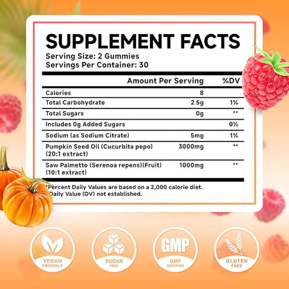 MEENCCD Pumpkin Seed Oil Gummies with Saw Palmetto, Pumpkin Seed Oil for Hair and Skin Health, Pumpkin Seed Extract for Women Men, Sugar-Free, Raspberry Flavor, 60 Count
