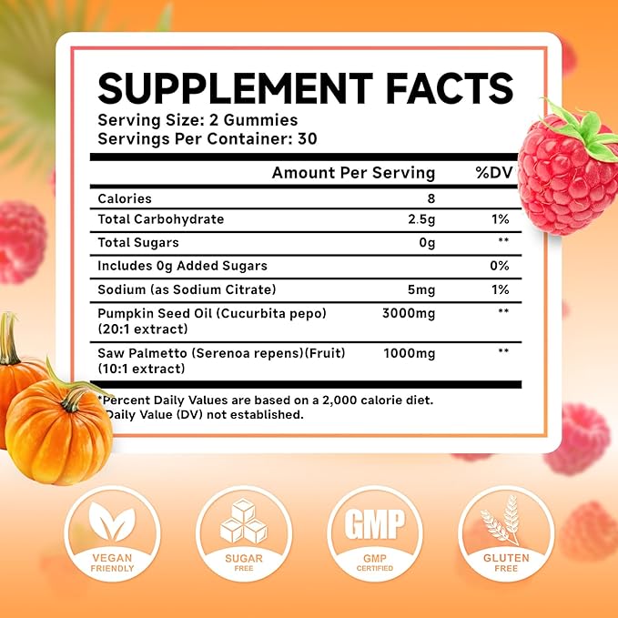 MEENCCD 2 Pack Pumpkin Seed Oil Gummies with Saw Palmetto, Pumpkin Seed Oil for Hair and Skin Health, Pumpkin Seed Extract for Women Men, Sugar-Free, Raspberry Flavor, 120 Count