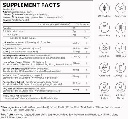L-Theanine 400mg Gummies, L Theanine Supplement for Kids & Adults with Magnesium Glycinate, GABA, Ashwagandha, L'theanine Chewable for Restful Sleep, Stress Support, Relaxation, Calm, 60 Day Supply