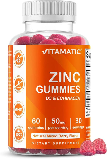 Vitamatic Zinc 50mg Gummies – 60 Vegan Gummies Gluten Free – Healthy Immune Support for Adults, Men & Women