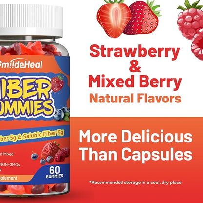 Fiber Gummies, Dietary Fiber, for Women and Men, Gut Health Support, Non-GMOs, Non-Gluten, Vegan, Mixed Berry and Strawberry Flavor, 60 Count Gummies