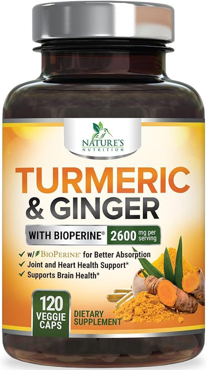 Turmeric Curcumin Supplement - 2000mg Organic Turmeric Per Serving - 95% Curcuminoids, Ginger & BioPerine Black Pepper for Best Absorption - Natural Vegan Joint Support, Bottled in USA - 120 Capsules
