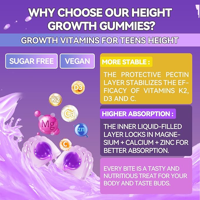 Height Growth Gummies for Kids & Teens - Calcium, Vitamin D3 + K2, Zinc, Magnesium, L-Arginine - Teen Multivitamin Gummies for Children Bone Strength and Immunity - 60 Gummies