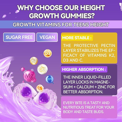 Height Growth Gummies for Kids & Teens - Calcium, Vitamin D3 + K2, Zinc, Magnesium, L-Arginine - Teen Multivitamin Gummies for Children Bone Strength and Immunity - 60 Gummies