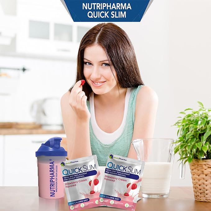 Quick Slim Meal Replacement Shake for Weight Loss, 30 Servings, Complete Meal Replacement Powder, Low Carb Diet Shakes for Women & Men, 20g Protein, 27 Vit & Min, Fiber, Gluten Free (Strawberry Cream)