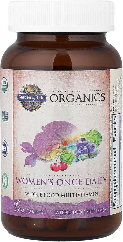 Garden of Life Organics Multivitamin for Women - Women's Once Daily Multi - Whole Food Multi with Iron, Biotin, Vegan Organic Womens Multivitamin for Health, Energy Hair Skin and Nails, 60 Tablets