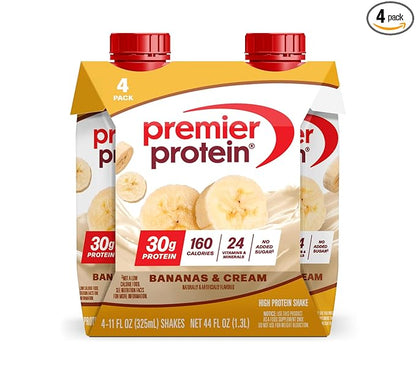 Premier Protein Shake, Bananas & Cream, 30g Protein, No Added Sugar, 24 Vitamins & Minerals to Support Immune Health, 11 fl oz, 4 Pack (Packaging May Vary)