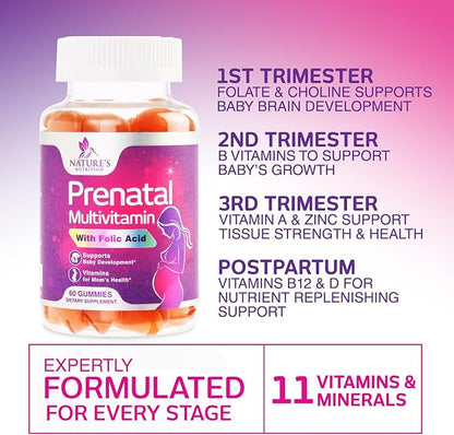 Prenatal Vitamins for Women - Pregnancy Vitamins Gummies with Folic Acid, Vitamin A, C, D3, B12, B6 - Prenatal Multivitamin Gummy for for Fetal Support, Pregnant & Nursing Women - 60 Gummies