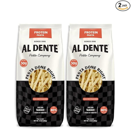 Al Dente Protein Pasta Egg Fettuccine – 30g High Protein in 3.5oz Serving, Lower Carb, High Fiber. Cage-Free Eggs & Semolina. (Previously Carba-Nada, Packaging May Vary) - 10oz Bags (Pack of 2)