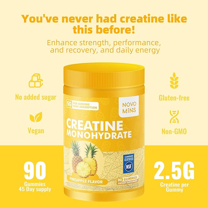 novomins Creatine Monohydrate Gummies for Men & Women, Chewables Creatine Monohydrate for Muscle Strength, Muscle Builder, Energy Boost, Pre-Workout Supplement(90 Count)-Pineapple Flavor.