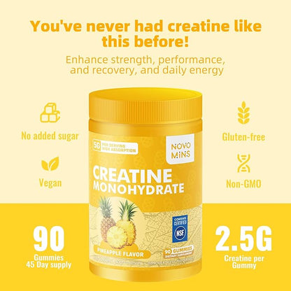 novomins Creatine Monohydrate Gummies for Men & Women, Chewables Creatine Monohydrate for Muscle Strength, Muscle Builder, Energy Boost, Pre-Workout Supplement(90 Count)-Pineapple Flavor.