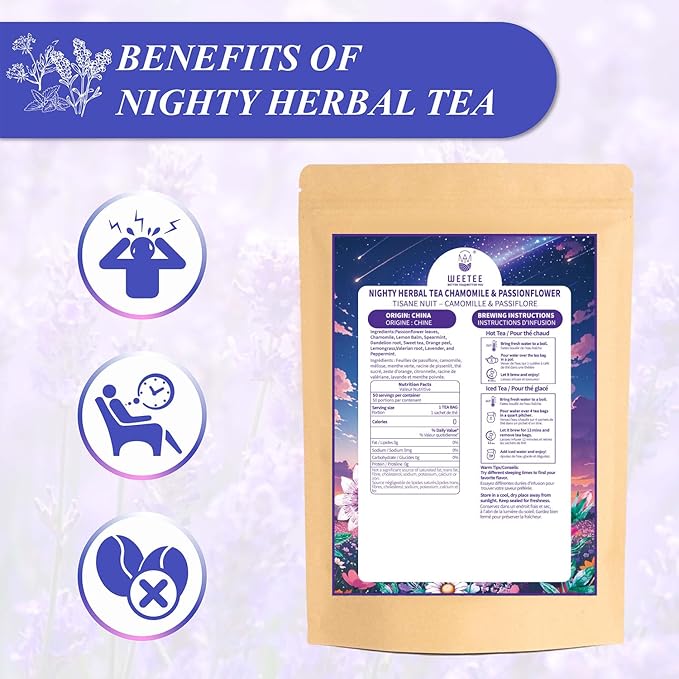 WT WEETEE Chamomile & Passionflower Nighty Herbal Tea Bags 50 Counts, Includes Spearmint, Valerian Root, Lavender, Peppermint & More, Natural Caffeine-free