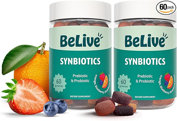 BeLive Synbiotics - Probiotic & Prebiotic Fiber Gummies – High Strength Inulin (3g), Dietary Fiber Supplement, Digestive Support for Kids & Adults - Strawberry, Orange, Blueberry Flavor | 2-Pack