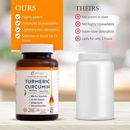A1Vitality Vegan Turmeric Curcumin NovaSOL 1000mg - Nature's Joint Support Supplements - 185x Bioavailable Than Standard Curcumin - Natural Carrageenan Softgels (Vegan)