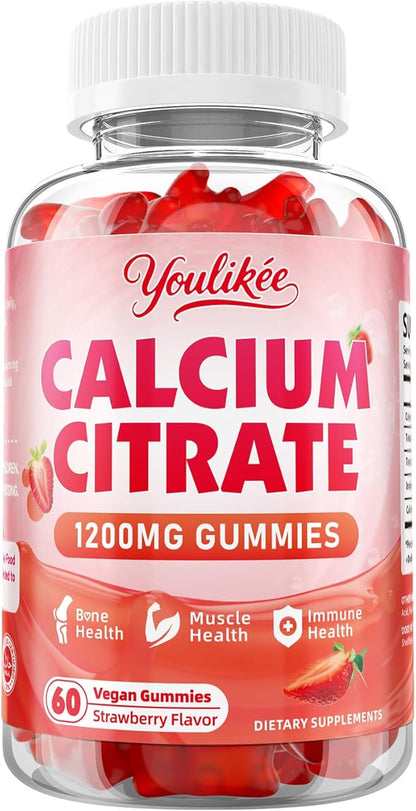 Calcium Citrate Gummies 1200 mg, Calcium Supplement for Women & Men, Ultimate Absorption Calcium Gummies for Bone, Muscle & Immune Support, Strawberry Flavor, 60 Count